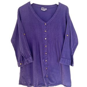 Eucalyptus Tunic Top S Purple Pleated Hand Crafted Guatemala Roll up sleeve Boho